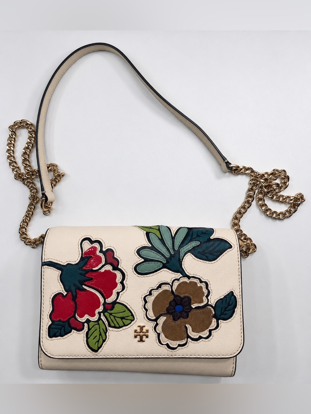 Tory Burch Cream Floral Appliqué Crossbody with Gold Chain